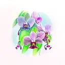 a stormy rainforest landscape with light shining in a pink orchid tattoo design idea