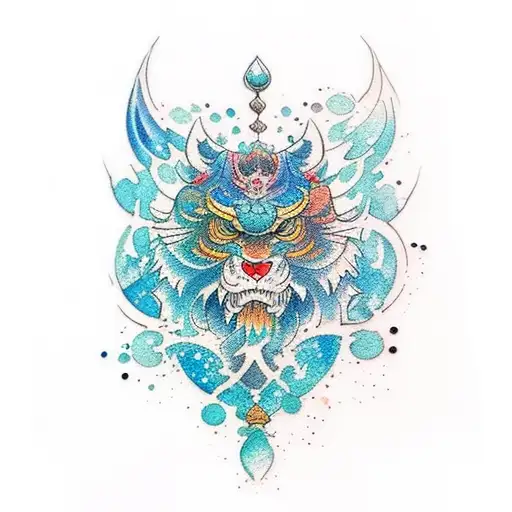 watercolour style, colours are mainly dark blue, details can be dark blue light blue black gold petrol turquoise magenta tattoo design idea