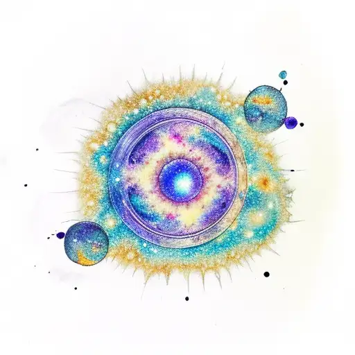 A Galaxy Stars And Moon in a flower, Colours Are Dark Blue, details are Black Gold Petrol Turquoise Magenta, watercolour tattoo design idea