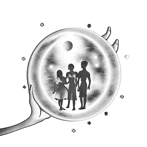 A silhouette of a family holding hands, with each person represented by a different planet or celestial body tattoo design idea