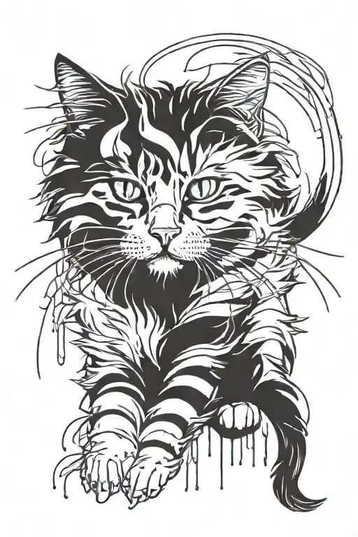 fluffy cat with strips that look like bleeding ink tattoo design idea