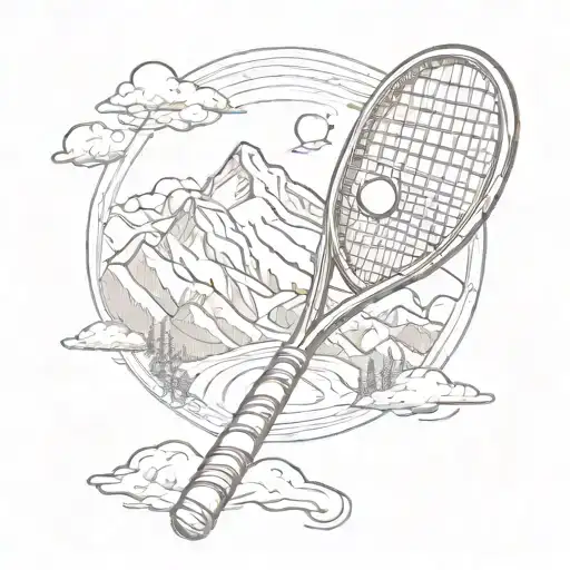 A tennis racket and ball merging with a mountain range tattoo design idea