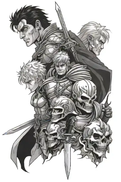 berserk anime with griffith, caska, guts, skull knight and slan conrad   tattoo design idea