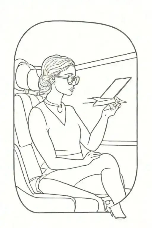 airplane window with a woman reading a book and drinking a martini  tattoo design idea