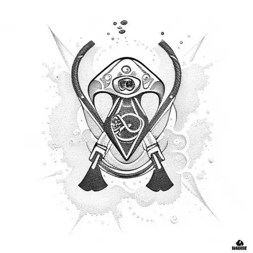An intricate scuba diving scene with a hidden Illuminati symbol incorporated tattoo design idea