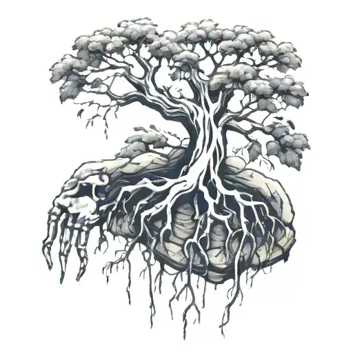 tree with skeleton hand roots reaching deep tattoo design idea