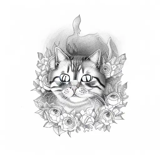 evil cat inside flower tattoo design idea