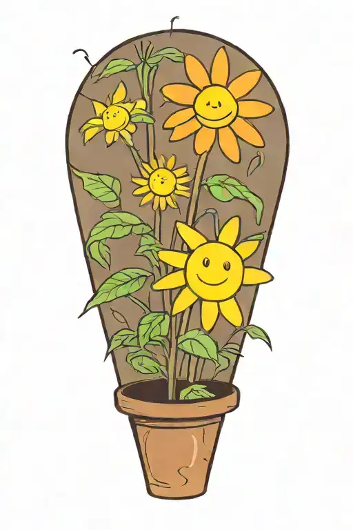 A daisy flower on an elongated stem in a brown pot that smiles from the marijuana plant  tattoo design idea