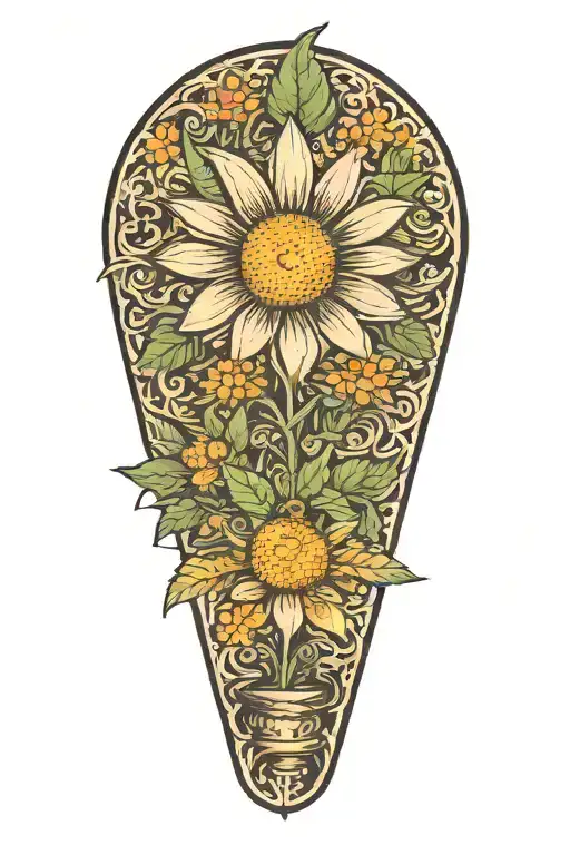 a daisy flower on an outstretched stalk that smiles from marijuana  tattoo design idea