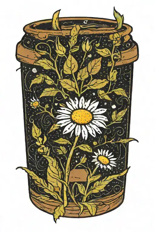 A daisy flower on an elongated stem in a brown pot that smiles from the marijuana plant  tattoo design idea