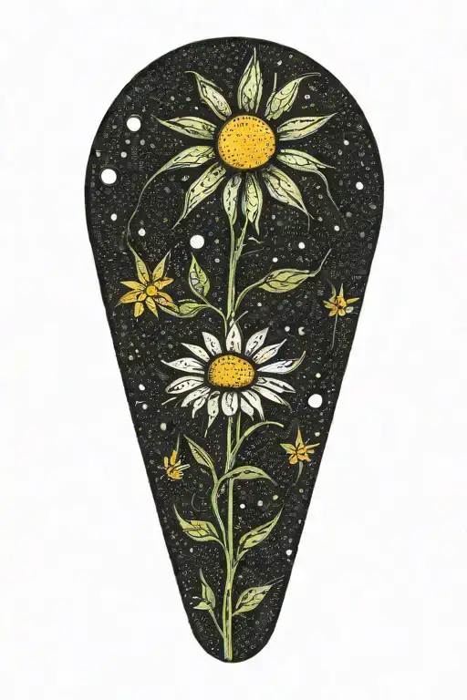 a daisy flower on an outstretched stalk that smiles from marijuana  tattoo design idea