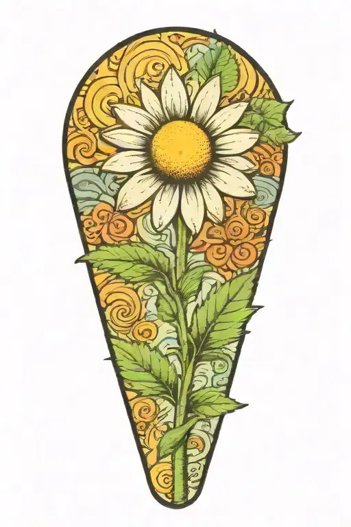 a daisy flower on an outstretched stalk that smiles from marijuana  tattoo design idea