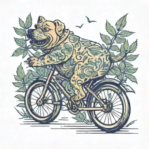 A whimsical scene of a fat dog riding a bicycle through a field of marijuana plants tattoo design idea