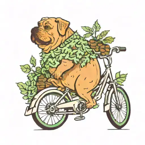 A whimsical scene of a fat dog riding a bicycle through a field of marijuana plants tattoo design idea
