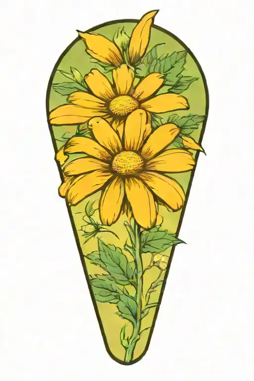 a daisy flower on an outstretched stalk that smiles from marijuana  tattoo design idea
