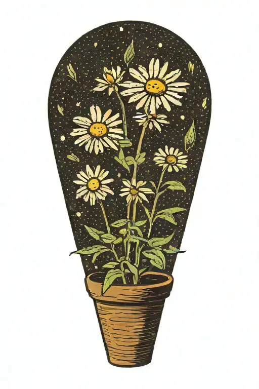 A daisy flower on an elongated stem in a brown pot that smiles from the marijuana plant  tattoo design idea