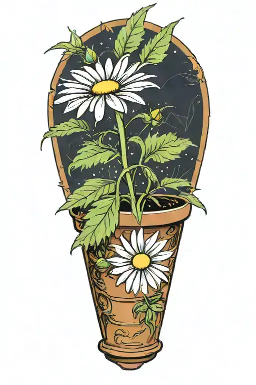 A daisy flower on an elongated stem in a brown pot that smiles from the marijuana plant  tattoo design idea