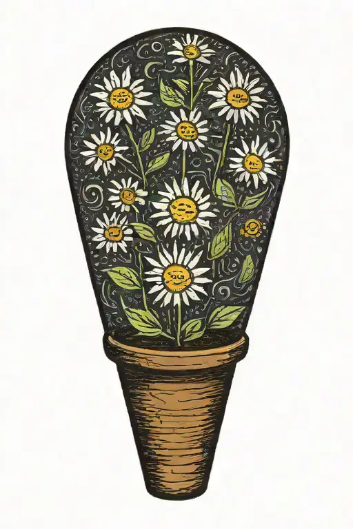 A daisy flower on an elongated stem in a brown pot that smiles from the marijuana plant  tattoo design idea