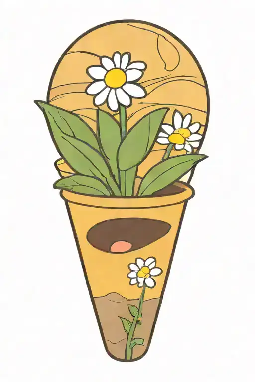 A daisy flower on an elongated stem in a brown pot that smiles from the marijuana plant  tattoo design idea