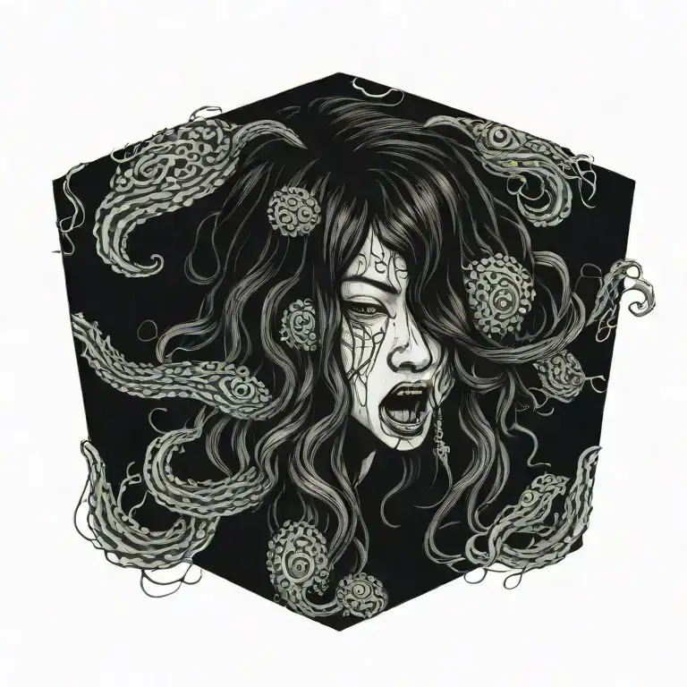 blind gargon jellyfish with many eyes in her hair portrait evil tattoo design idea