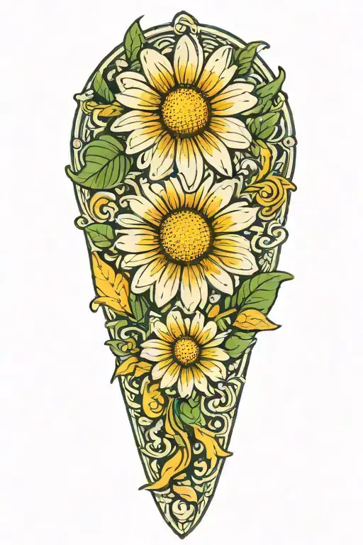 a daisy flower on an outstretched leg that smiles and consists of the colors green-white-yellow-brown tattoo design idea