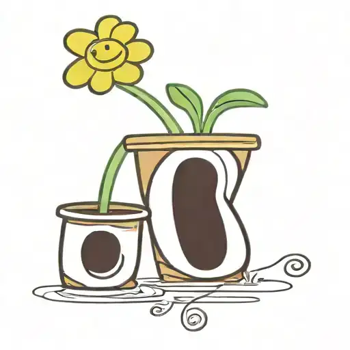 smiling smiley flower in a brown pot on the left calf in brown-green-yellow-green flowers on an outstretched stem tattoo design idea