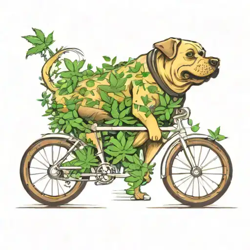 A whimsical scene of a fat dog riding a bicycle through a field of marijuana plants tattoo design idea