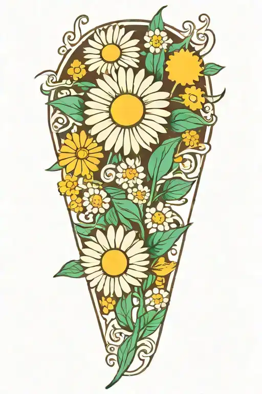 a daisy flower on an outstretched leg that smiles and consists of the colors green-white-yellow-brown tattoo design idea