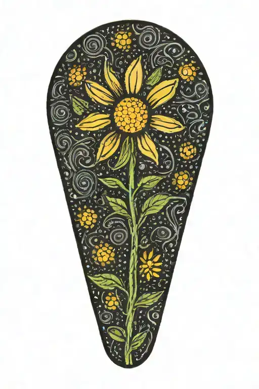 a daisy flower on an outstretched stalk that smiles from marijuana  tattoo design idea
