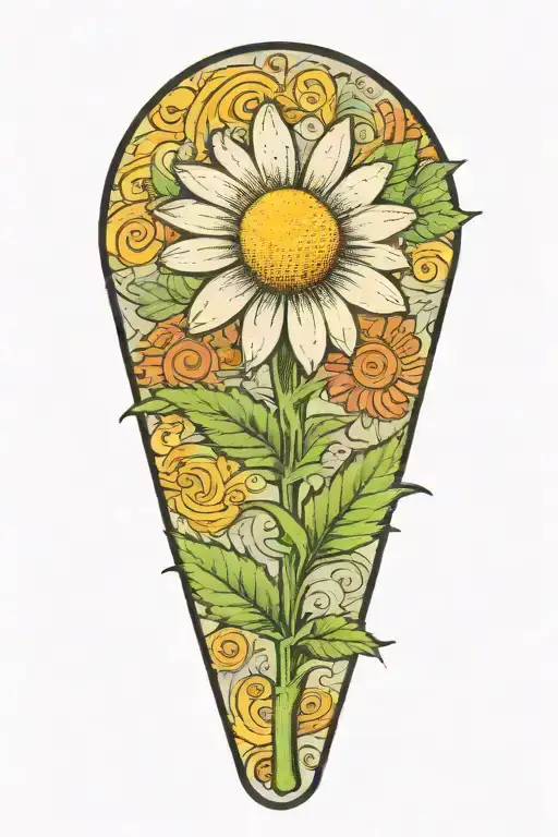 a daisy flower on an outstretched stalk that smiles from marijuana  tattoo design idea