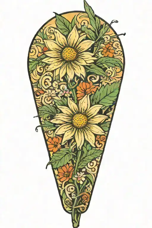 a daisy flower on an outstretched stalk that smiles from marijuana  tattoo design idea