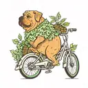 A whimsical scene of a fat dog riding a bicycle through a field of marijuana plants tattoo design idea