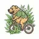 A whimsical scene of a fat dog riding a bicycle through a field of marijuana plants tattoo design idea