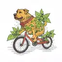 A whimsical scene of a fat dog riding a bicycle through a field of marijuana plants tattoo design idea