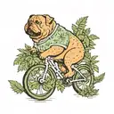 A whimsical scene of a fat dog riding a bicycle through a field of marijuana plants tattoo design idea