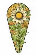 a daisy flower on an outstretched stalk that smiles from marijuana  tattoo design idea