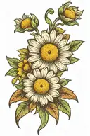 a daisy flower on an outstretched leg that smiles and consists of the colors green-white-yellow-brown tattoo design idea