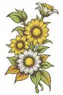a daisy flower on an outstretched leg that smiles and consists of the colors green-white-yellow-brown tattoo design idea