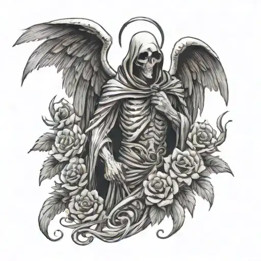 A grim reaper surrounded by flowers and snakes, with angel wings on one side and demon wings on the other tattoo design idea