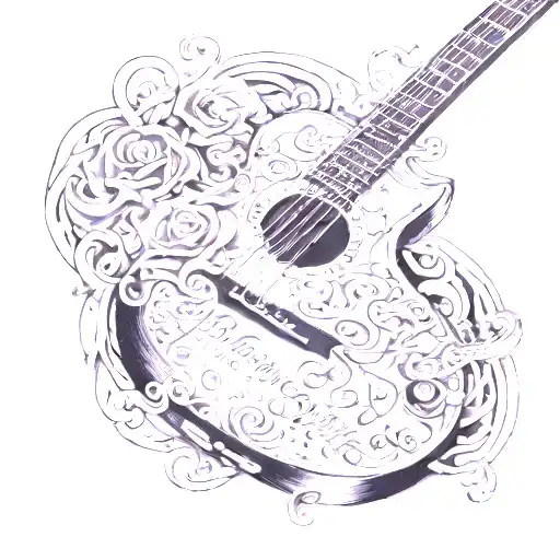 A realistic tattoo of a guitar with Blink 182 lyrics incorporated as the strings, showcasing the client's passion for the band and their entrepreneurial drive tattoo design idea