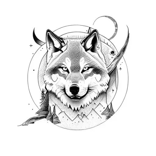 Fonde de bosque con lobo aullando con la luna detras tattoo design idea