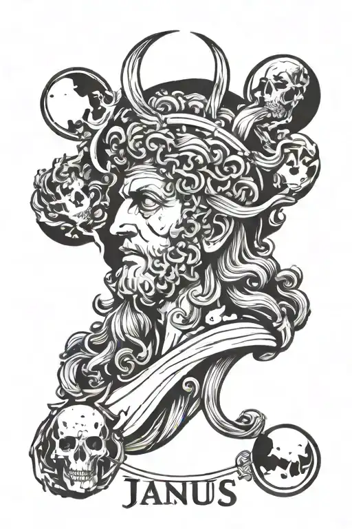The roman god Janus with one of the heads upside down. Below it bleeds into a Wheel of Fortune tarot card.  tattoo design idea