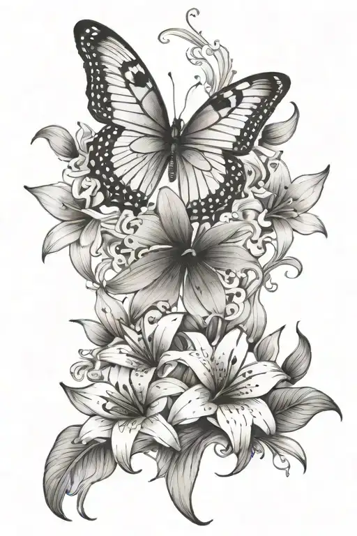 butterfly ,lace and lillies growing tattoo design idea