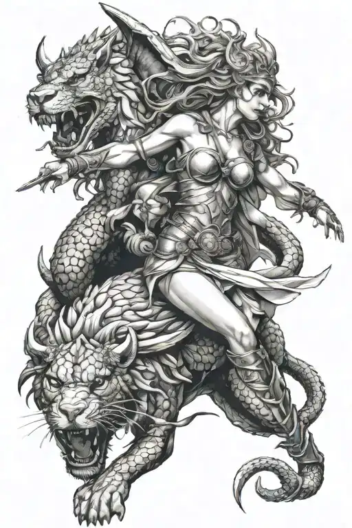 sexy Valkyrie wrapped by a dragon that is fighting a lion tattoo design idea