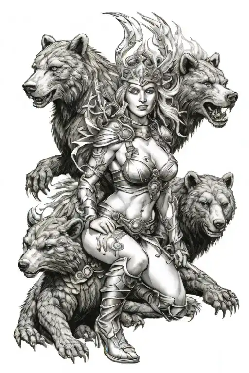 sexy Valkyrie with a warrior bear wrapped by a dragon breathing fire  tattoo design idea