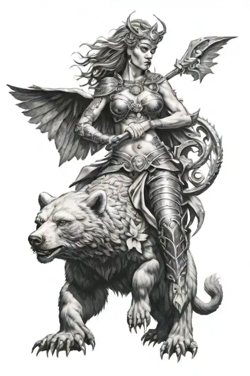 sexy Valkyrie with a warrior bear wrapped by a dragon breathing fire  tattoo design idea