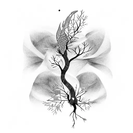 A whimsical composition of a tree branch transforming into delicate birds in flight tattoo design idea