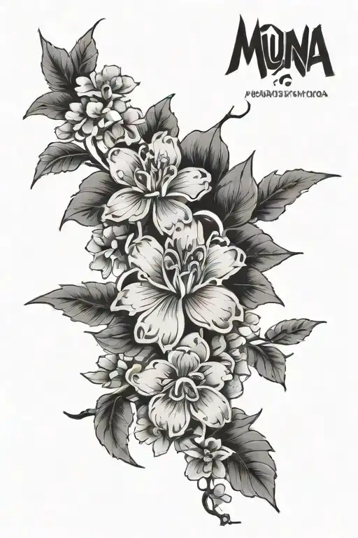 Japanese themed,  Hawaiian plant and flowers, , Mauna Kea mountain tattoo design idea
