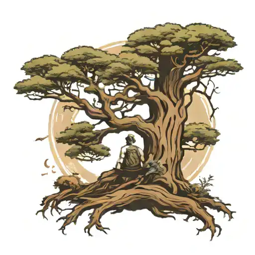 giant tree with a man sitting at the base with words crossed out above his head  tattoo design idea
