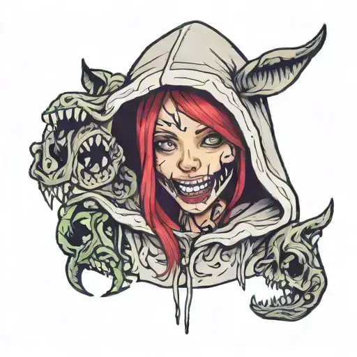 cute girl in hoodie with teeth tattoo design idea